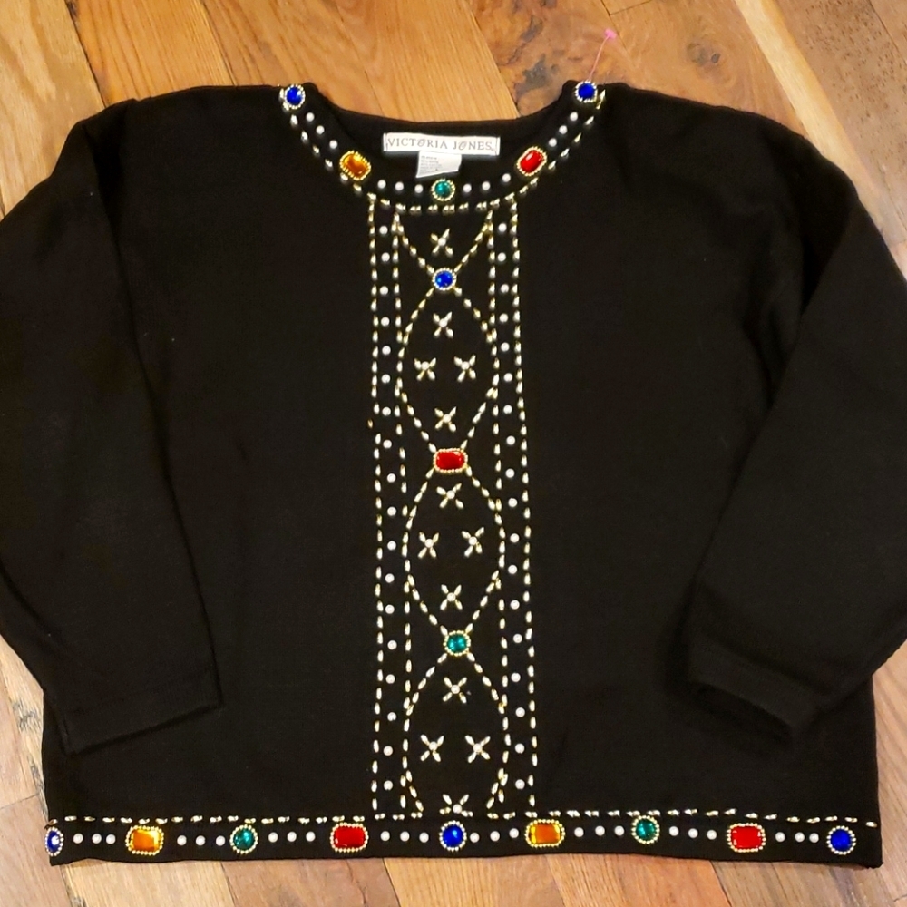 Victoria Jones Black Gold Beaded Sweater Size Large